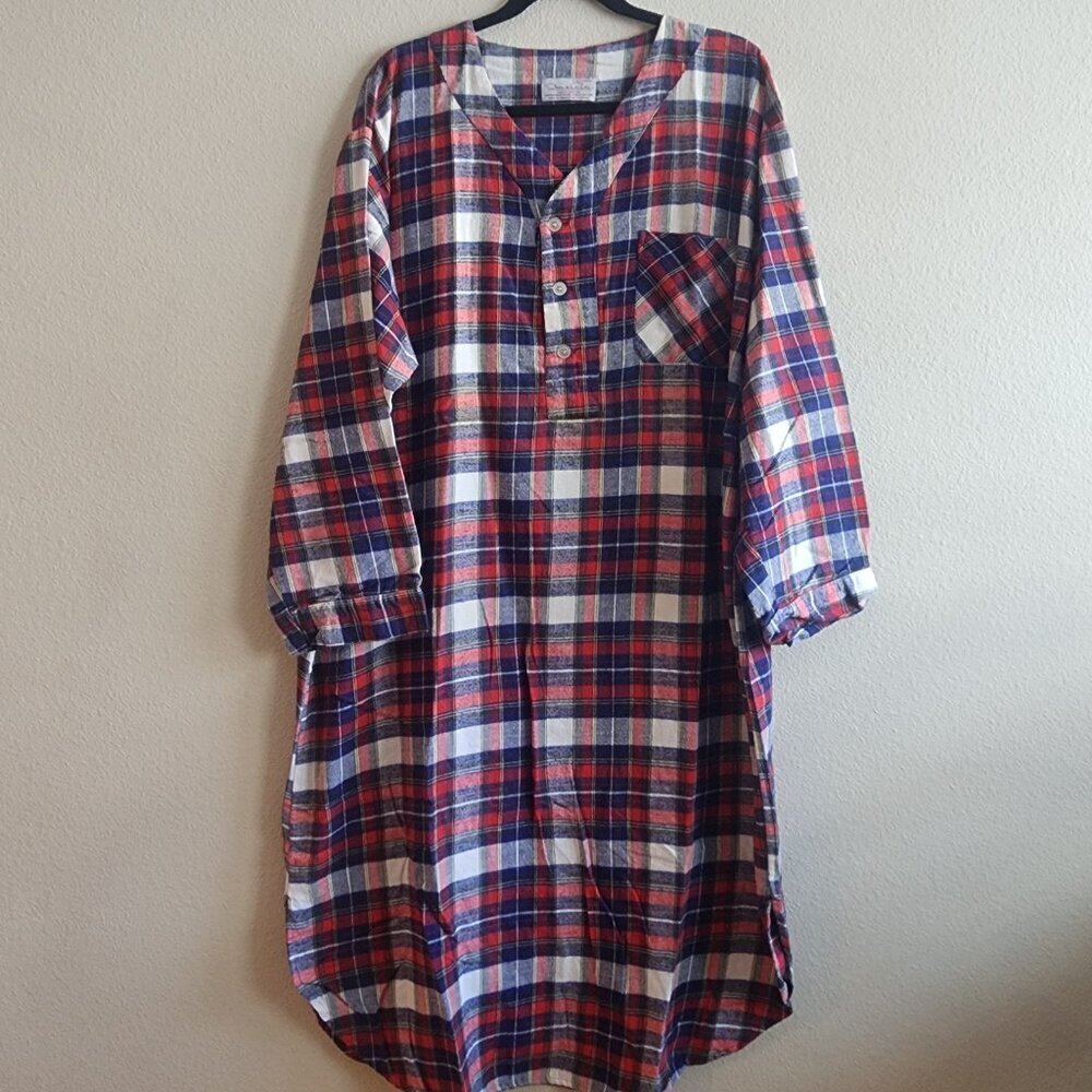 VTG Oscar de la Renta Womens Flannel Dress Night Gown Plaid Long Sleeve Size XL